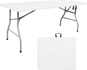 6FT Folding Table, Portable Fold-in-Half Plastic Utility Table with Carrying Handle, Heavy Duty Indoor Outdoor Dining Picnic Camping Party Table, Waterproof & Scratch Resistant, White