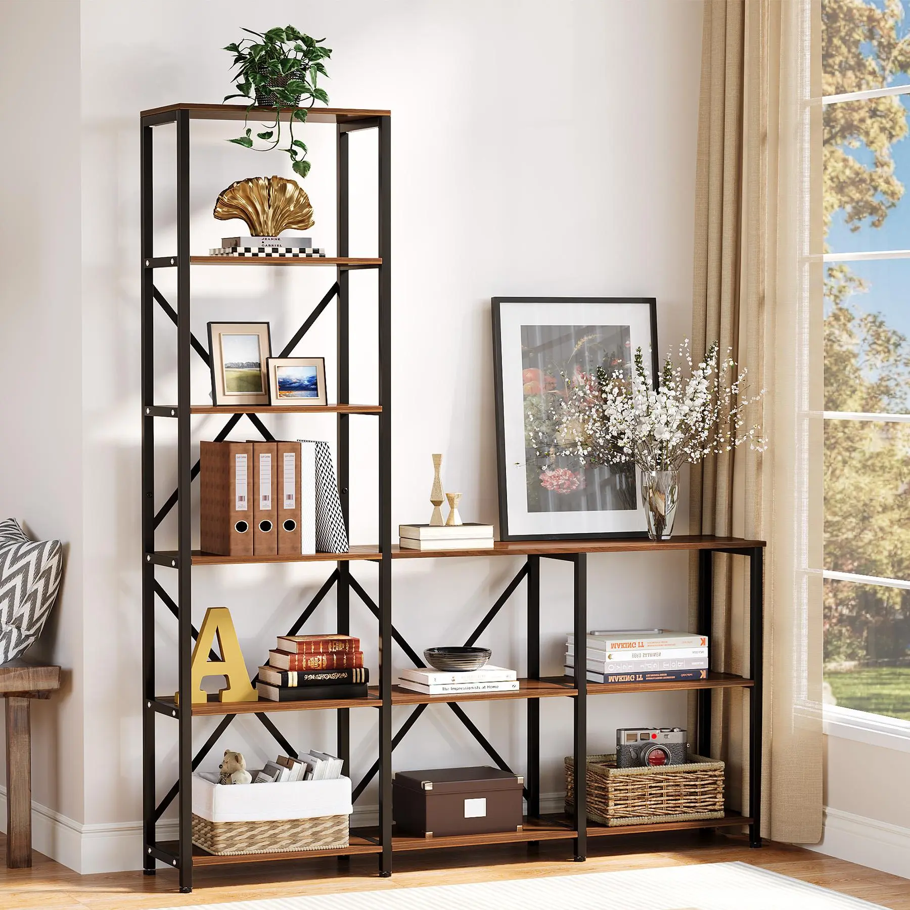 TRIBEWOOD Industrial Metal Ladder Corner Etagere Bookcase - 6-Tier Open Shelving, Rustic Aesthetic, Durable Sturdy Stable Storage Organizer, Assembly Required for Living Room