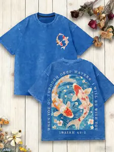 Popular Christian Koi Loose Man T-Shirt: Washed vintage T-shirt featuring Isaiah 43:2 Bible verse and floral koi design | Fashionable Y2K aesthetic, showcasing faith and spiritual style | Suitable for church, everyday streetwear, and gift-giving