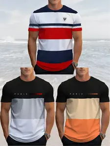 Printed Design  Not Textured 3pcs Men's Fashion Streetwear Striped Patchwork T-Shirts - Casual Round Neck Short Sleeve Tops, Suitable for Outdoor, Hiking, Fishing, Vacation - Knitted,Heat Transfer Print - Size H, for Adults and Teens,