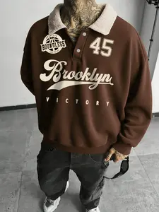 Unisex Y2K Style Brooklyn Victory Letter Print Polo Sweatshirt, Fall & Winter Retro British Style, Fitted Lamb Wool Collar, Streetwear