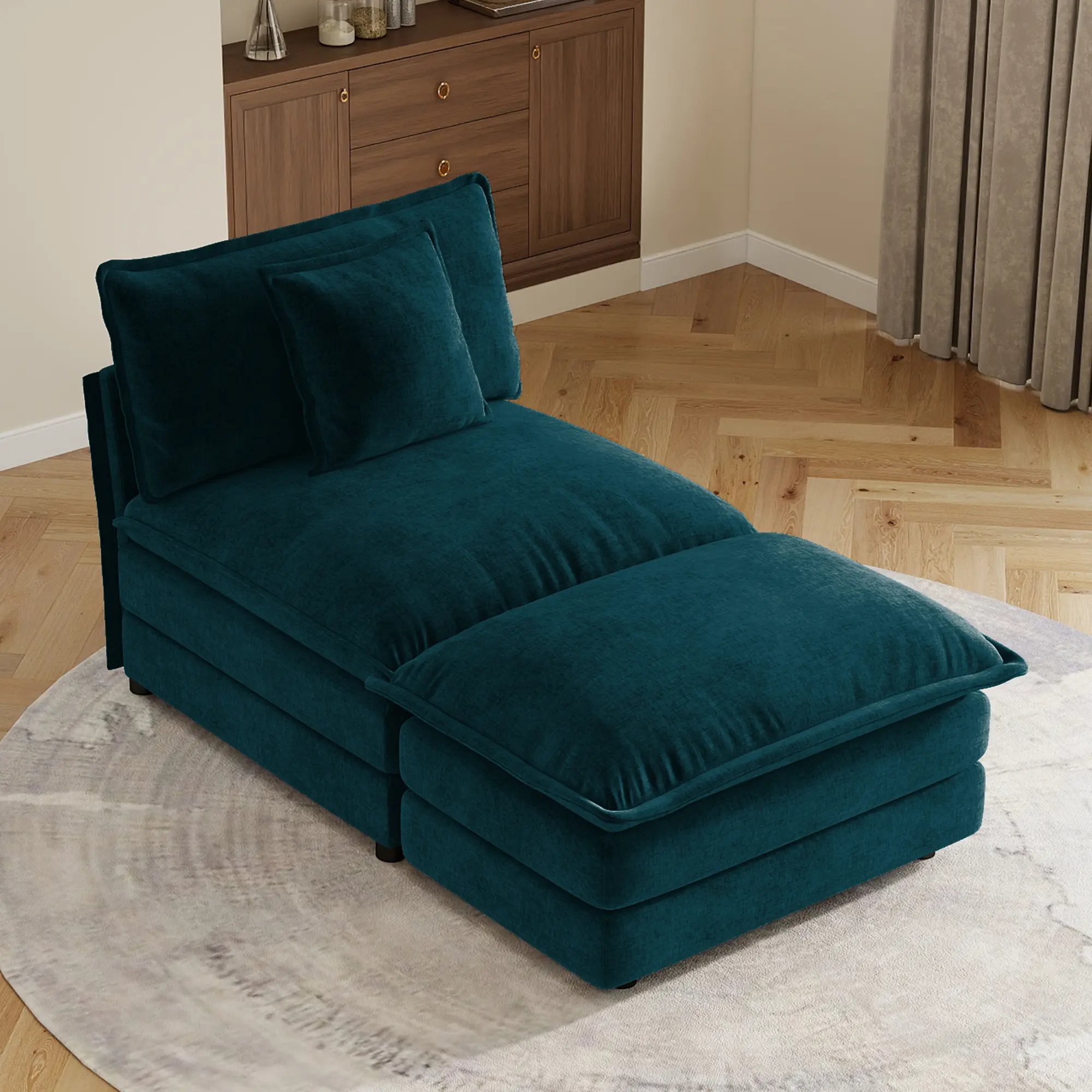 Blue Chenille Modular Armless 1-Seat Sofa with Ottoman, Solid Wood Frame, High-Density Sponge Cushion, Flexible Living Room Seating, Blue Color, Chenille Material, 1 Seat