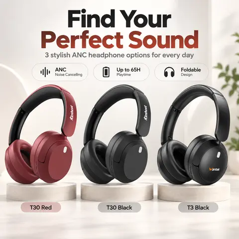 Kimhost T30 Wireless ANC Over-Ear Headphones - T3 ANC-Black, Bluetooth, 650mAh, Audio Electronic, Foldable (Saves Bag Space), 3 Listening Modes, Up to 65H Playtime, 25000Hz Isolation, Soft Ear Cushions, Rich Sound, for Travel & Work, Red & Black