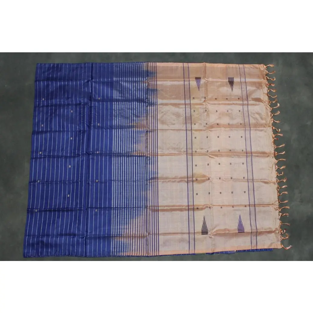 Peach & Navy Blue Saree for Women in Handwoven Vaazhai Naar (Banana Pith), Borderless Design with Small Butta and Striped Pallu, Lightweight 5.5m, 5.5 Meters