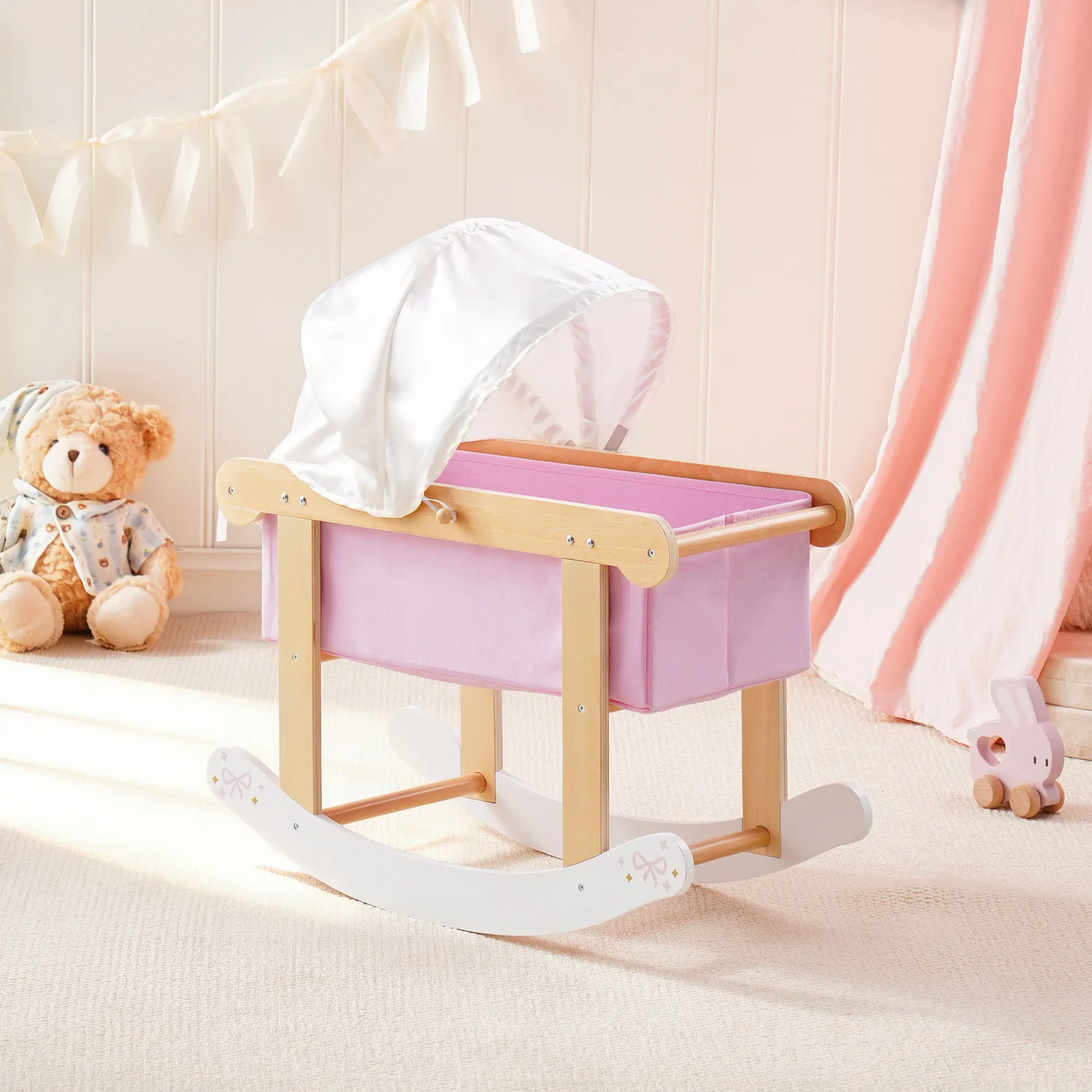 ROBUD Wooden Doll Rocking Cradle, Baby Doll Bed Toys, Fits Up to 18 Inch Doll Accessories, Doll Furniture with Realistic Details for Kids 3+, Pink
