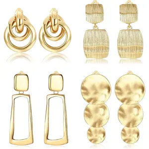 Cassieca 4 Pairs Clip On Earrings for Women Dangle Statement Earrings Rectangle Tassel Teardrop Square en Metal Geometric Clip-on Earrings Non Piercing Drop Pendant Earrings