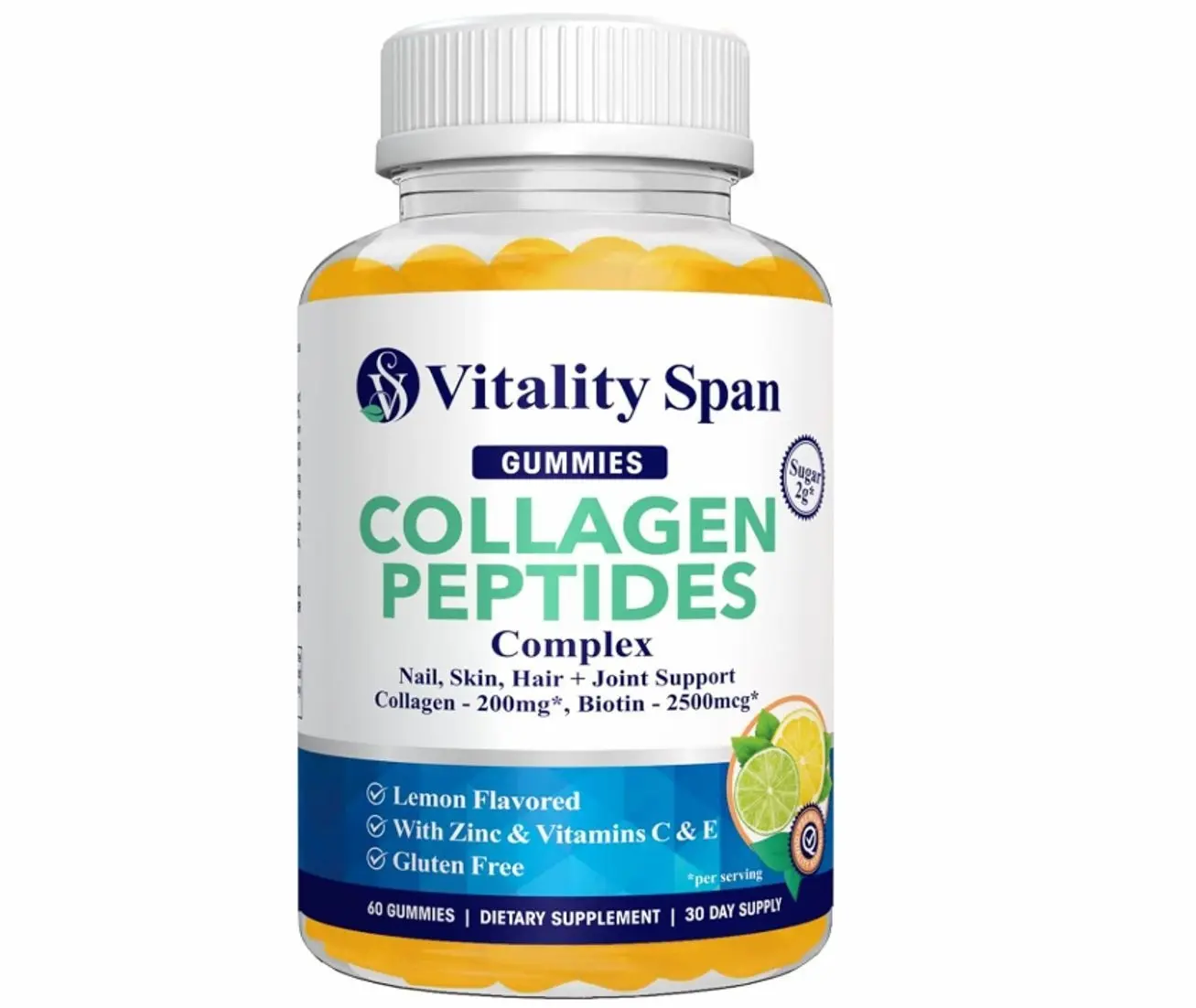 Collagen Gummies with Biotin (2500mcg), Vitamin C, E, Zinc, Low Sugar, Delicious Lemon Flavor, No Stick 60 Gummies, Made in USA