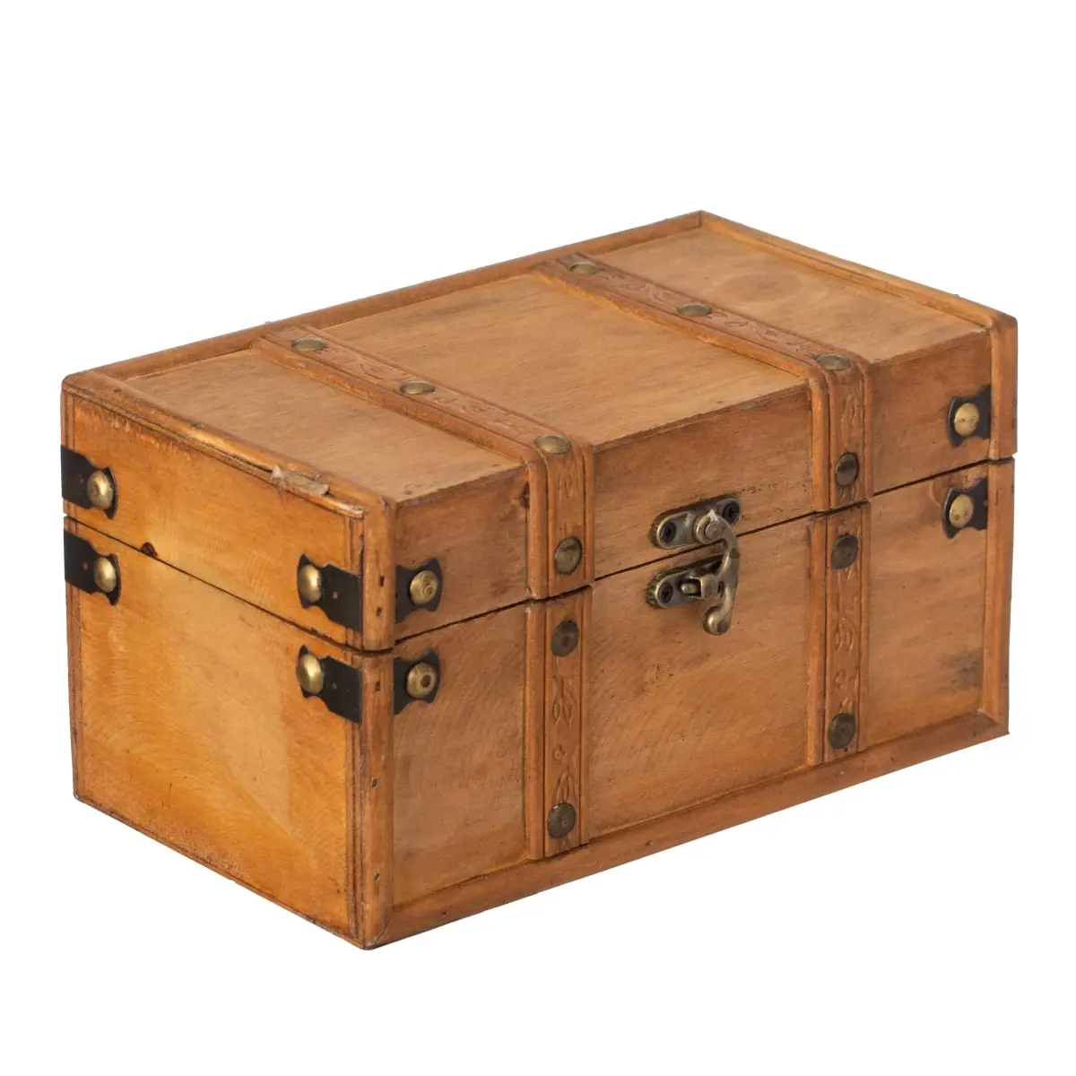 Vintiquewise Antique Rectangle Wooden Farmhouse Treasure Chest Organiser - Metal Front Latch, Leather Straps, Hinged Lid, Shelf Tabletop Decor Small Home Storage Trinket Box Accessory Gift, 8.25 In Shelf Fit