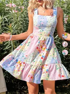 Women's Floral Print Backless Bow Tie Sleeveless Dress, Boho Style Summer Woven Fabric, Fitted Design for Casual Vacation