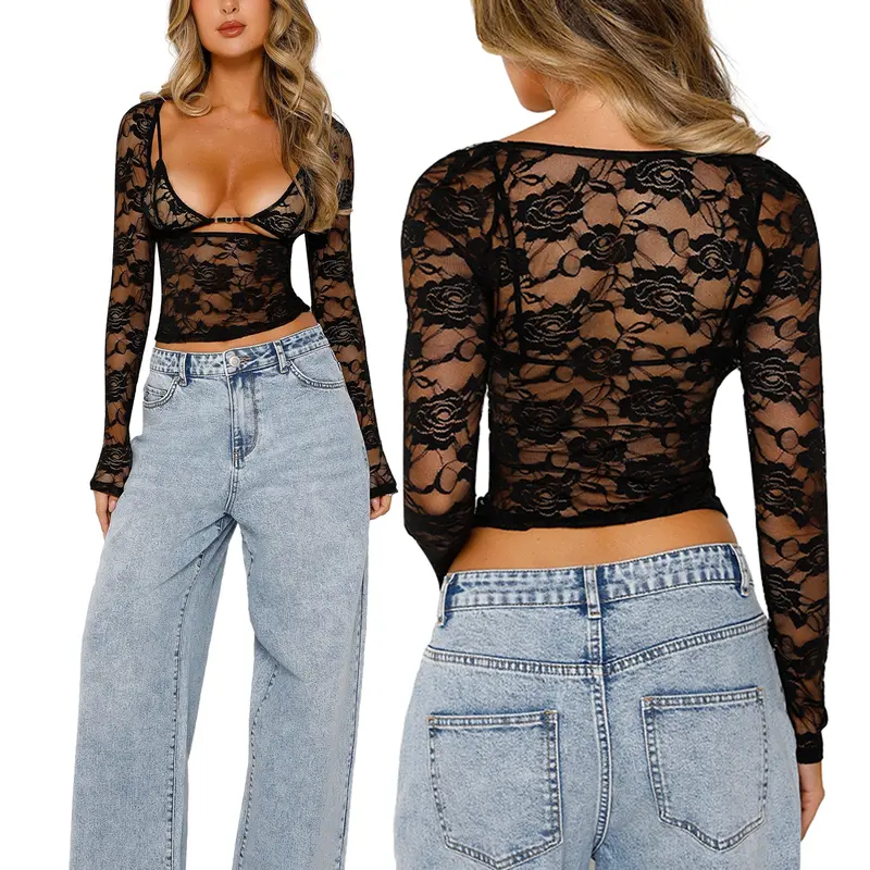 2PCS Women Floral Lace Tops Low Cut Sheer Long Sleeve Pullovers Fitted Crop Shirt with Bra Summer Streetwear Clubwear,Spicy girl style,black girls