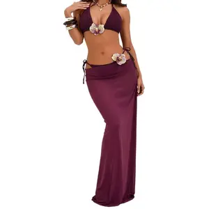 Women's 3 Piece  Swimsuits 3D Floral Triangle Halter Bathing Suit with Cover Up Mesh Long Beach Skirt High Waisted Flattering Tummy Control Snatched Waist for Midsize Curvy Women set rash guard thong tropical style cheeky bikini summer swimwear