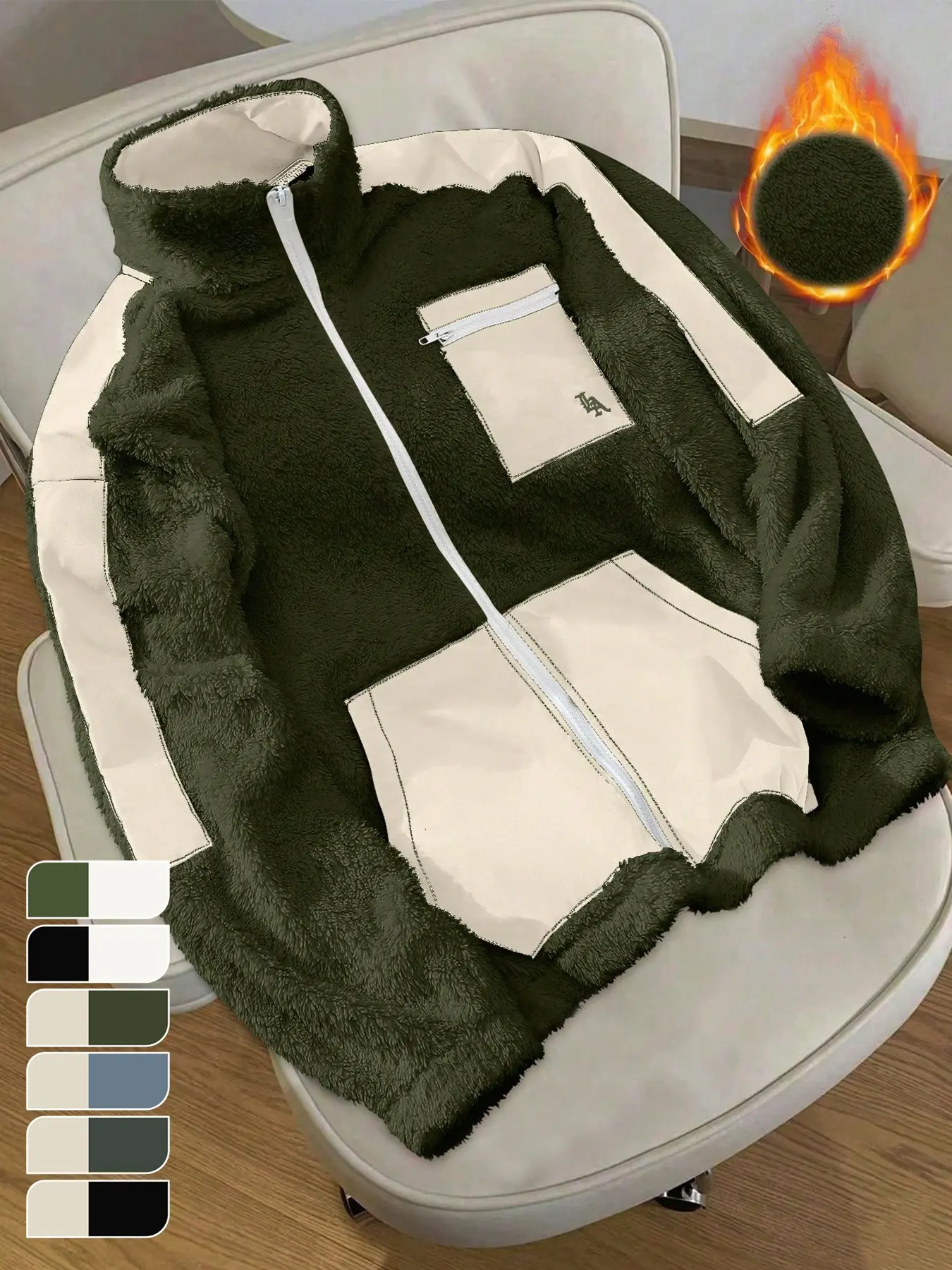 Unisex Trendy Faux Lamb Fur Jacket, Colorblock Body, Logo Pocket, Loose Comfort Fit, Warm Skin-Friendly Material, Casual Street Style