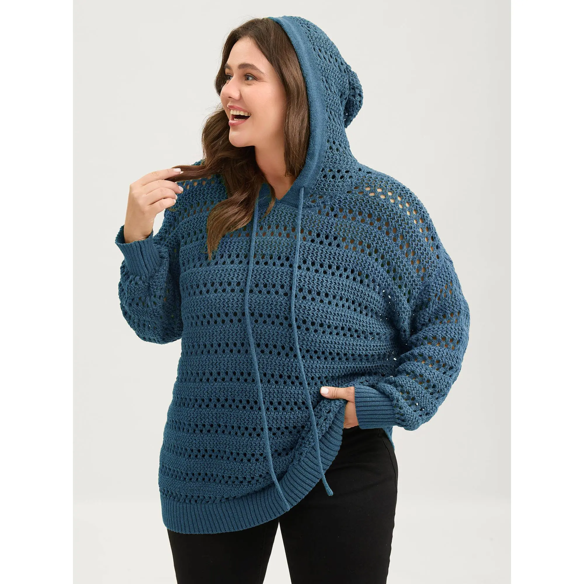 BLOOMCHIC Plus Size Cut-Out Textured Drop Shoulder Pullover,[M-6X] 2026 Summerfinds,back to school,back to school shopping