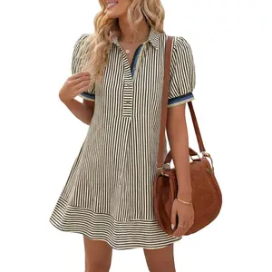 Wenrine Womens Summer Striped Mini Dresses Puff Short Sleeve Loose Fit Casual Button Collared Shirt Dress with Pockets