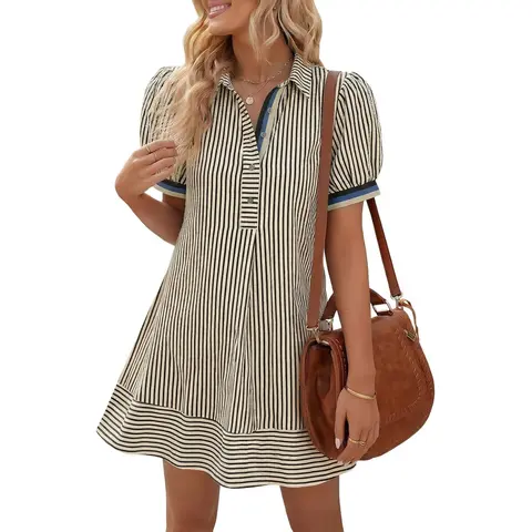 Wenrine Women's Classic Striped Collared Neck Short Puff Sleeve Button Front Shirt Dress - Half Buttons, Side Pockets, Cool Loose Fit, Above-the-Knee Mini, Summer Casual Wear
