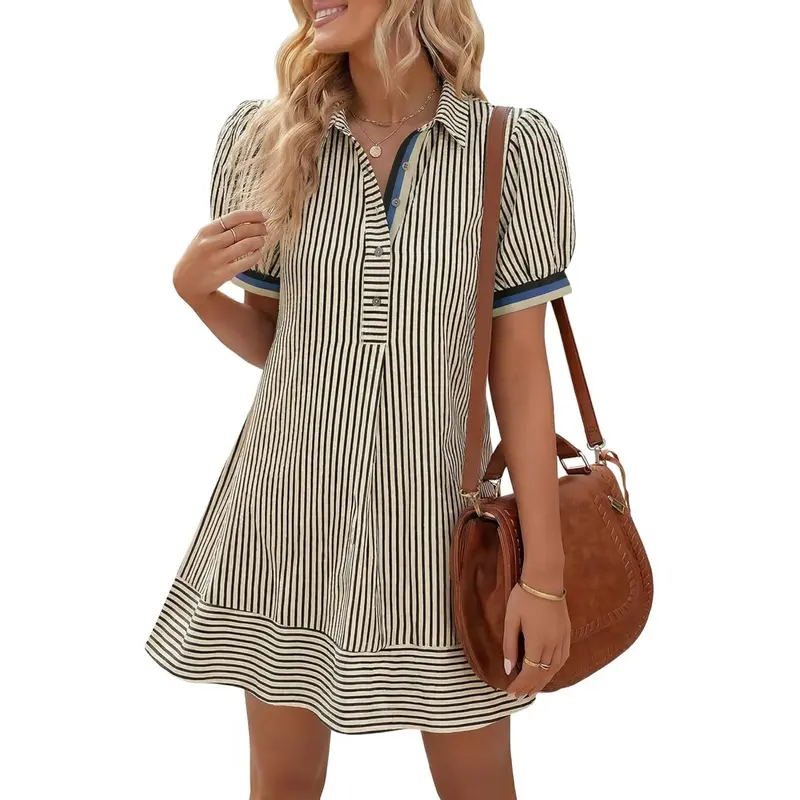 Wenrine Women's Classic Striped Collared Neck Short Puff Sleeve Button Front Shirt Dress - Half Buttons, Side Pockets, Cool Loose Fit, Above-the-Knee Mini, Summer Casual Wear
