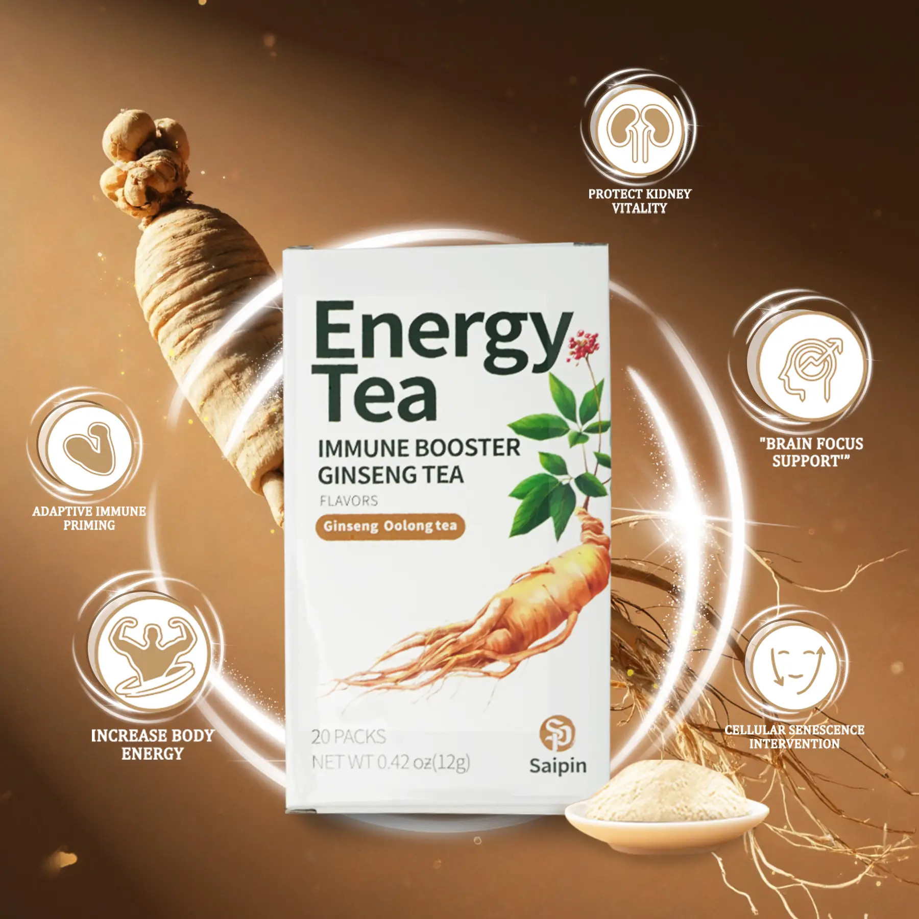 SAIPIN Organic Ginseng Oolong Tea - Immune Booster Herbal Blend | Freeze-Dried for 95% Nutrient Retention | Sugar-Free Caffeine-Free Wellness Drink |