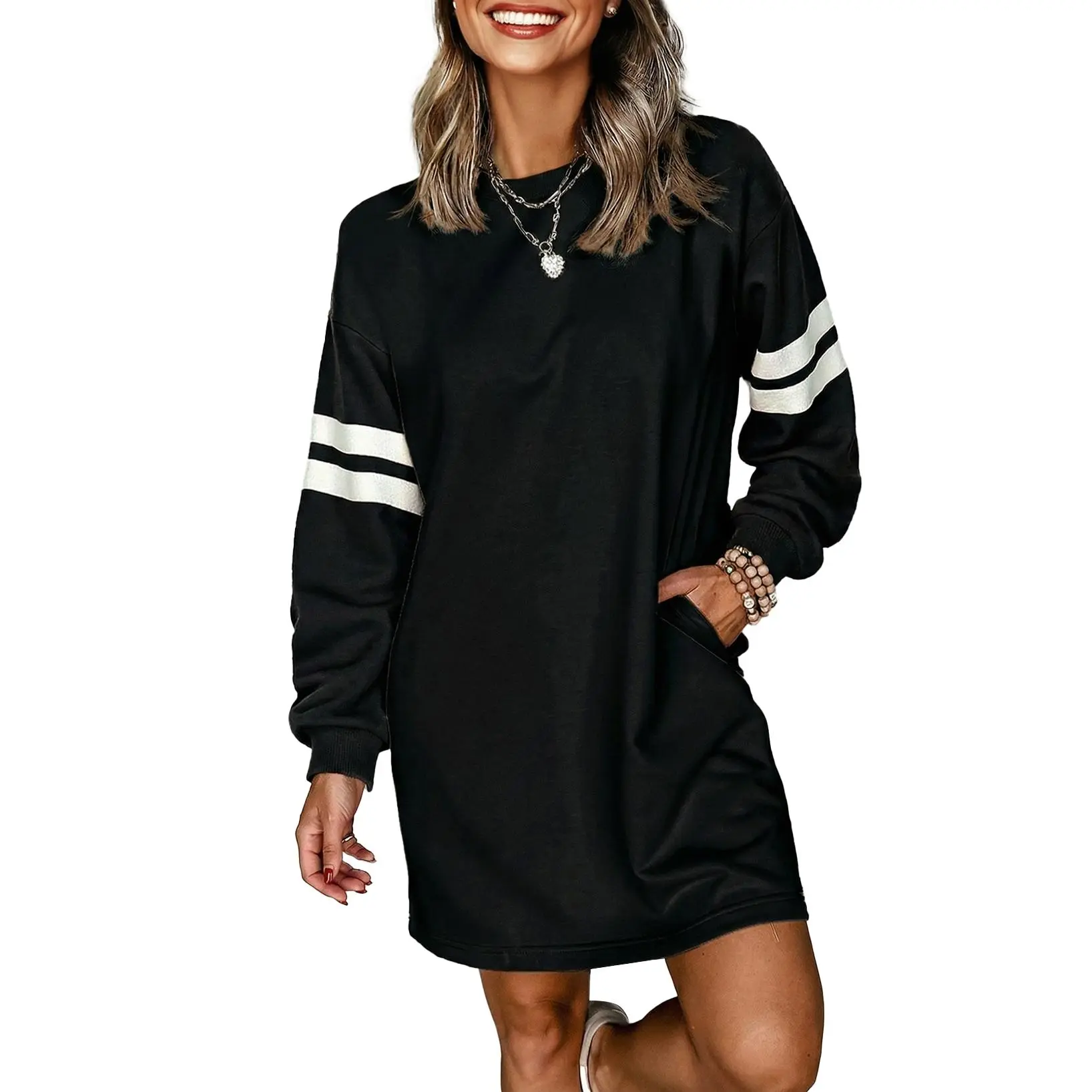EVALESS Women's Double Stripe Sleeve Sweatshirt Dress, Casual Cotton Blend Loose Fit Mini Pullover with Built-in Side Patch Pockets, Crew Neck, Side Pockets, Mini Dress, Machine Wash, Coffee Dates, High Stretch