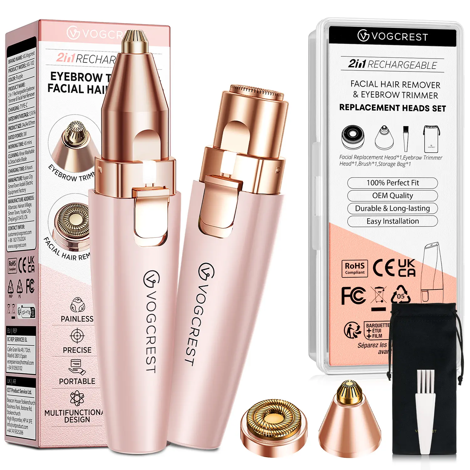 Vogcrest Portable 2 in 1 Electric Shaver and Facial Trimmer for Women - Rechargeable Eyebrow Lips Body Facial Razor - Eyebrow Trimmer