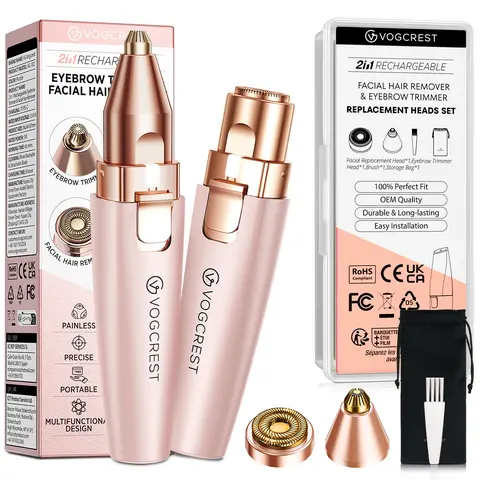 Vogcrest Women's 2-in-1 Portable Multifunctional Hair Remover - Wireless Cordless Rechargeable Painless Precision Shaver, Home Electric Facial Trimmer & Brow Shaping Tool for Lip Gentle Fine Hairs