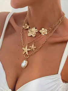 Boho Gold Layered Necklace for Women, Hawaiian Flower Starfish Pearl Pendant Necklace, Summer Beach Vacation Statement Jewelry Gift, Dainty Layering Jewelry, Dainty Necklaces