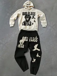 2-piece unisex set featuring a "GOD and Praying Child" graphic print, a fall/winter hoodie and trousers set. "Retro religious elements" are perfect for streetwear and American street style.