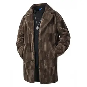 Men's Long Fur Coat with Lapel Collar, Fashionable Casual Business Party Imitation Leather Jacket, Warm Soft Winter Outerwear