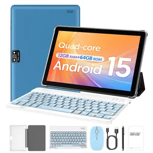 10-inch Android 15 tablet, equipped with quad-core CPU, 12GB (3g+9g) RAM+64GB ROM storage. Dual cameras, equipped with keyboard and protective case, stylus