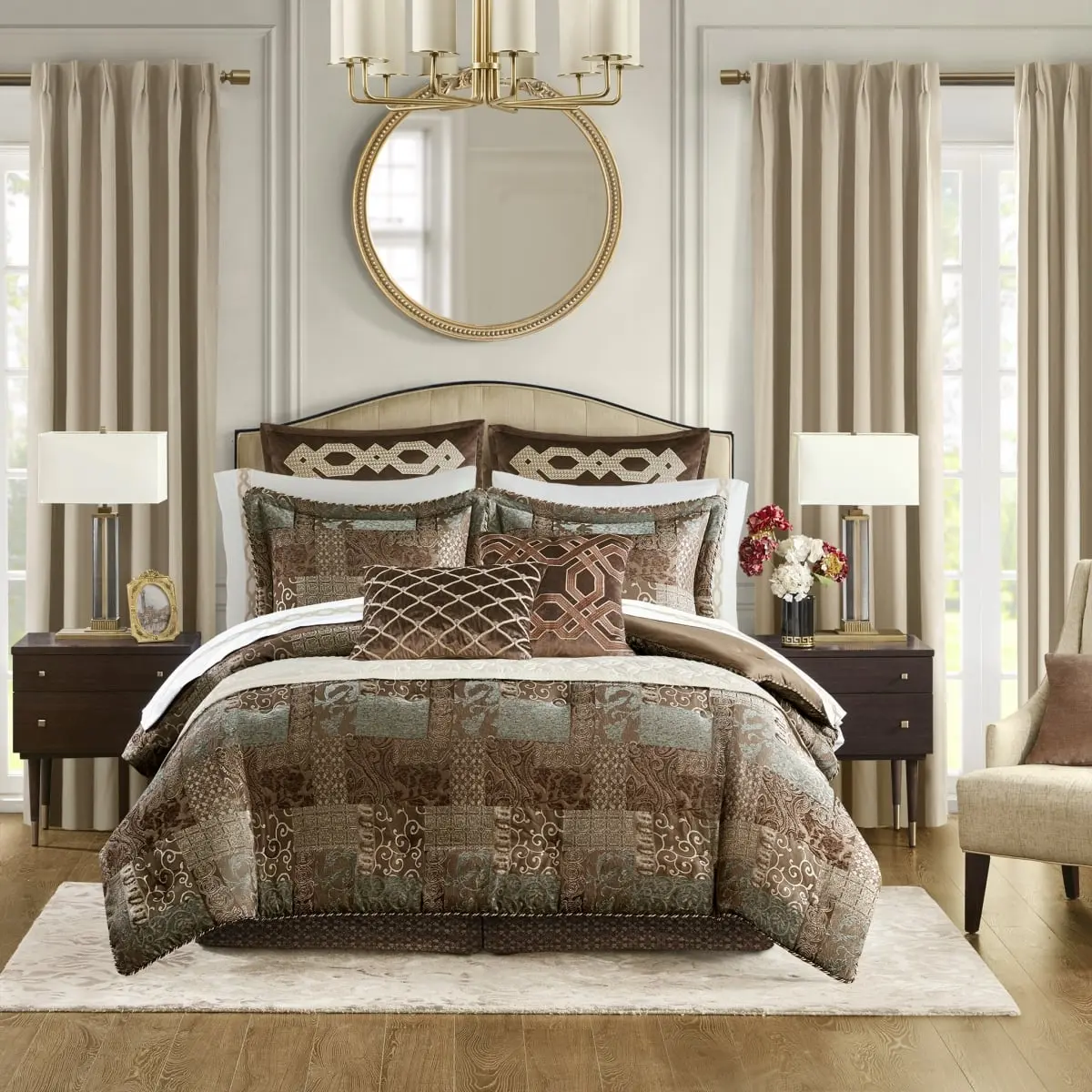 Croscill Classics CCL10-0014 King Size 4-Piece Patchwork Quilt Set - 110x96x1.5in Galleria Brown, Comfy Decorative Quilt Set Bedding with Polyester Jacquard Weave