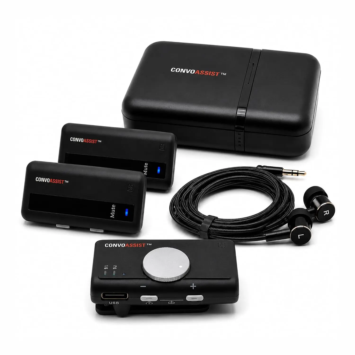 ConvoAssist Personal Sound Amplifier, Wireless Conversation Amplifier with 2 Clip-On Transmitters, Portable Rechargeable Audio Amplifier for TV, Travel and Group Talk, Charging Case Included