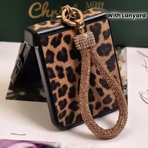 Leopard Leather with Diamond Plated Strap Lanyard Back Cover for Samsung Flip 7 7 FE  6  Flip 5  Flip 4  Flip 3 5G Phone Case