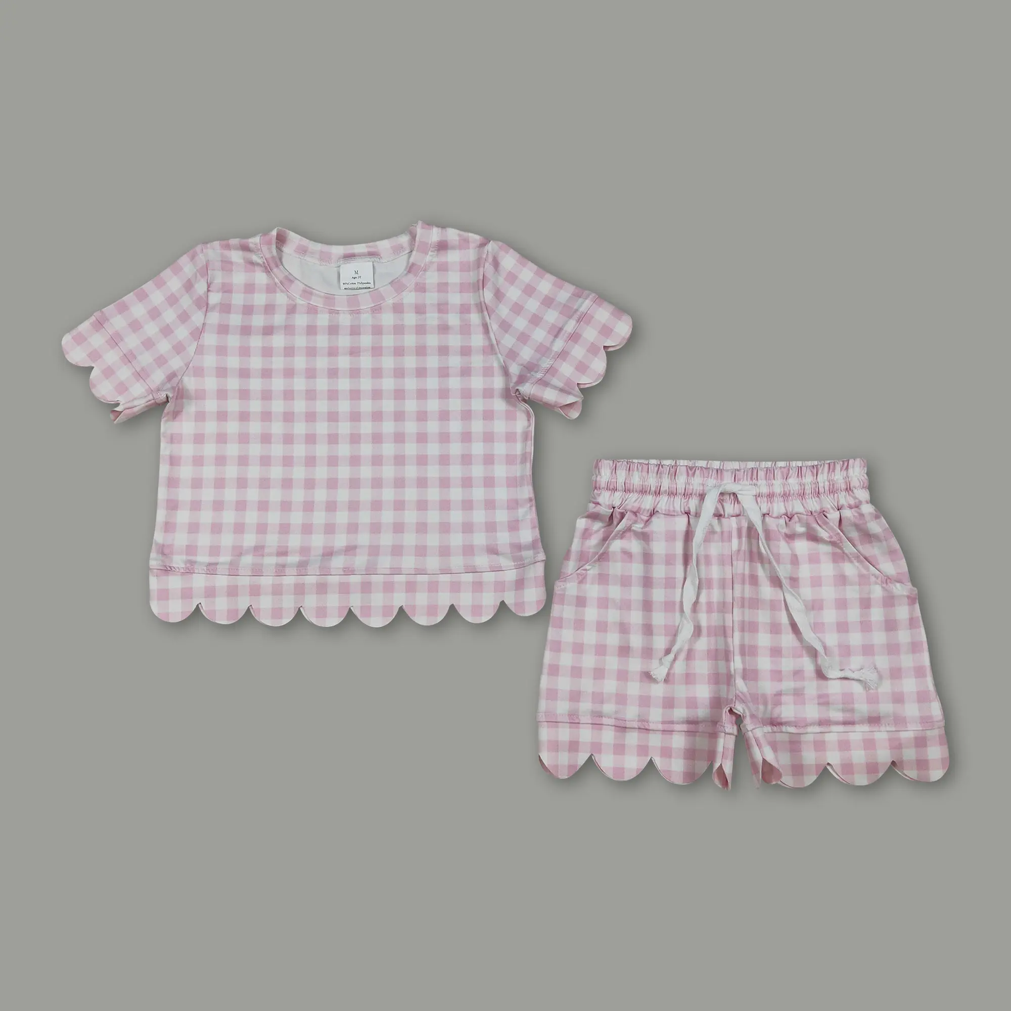 Girls' Gingham Shorts Set | Pink Summer Top & Scallop Edge Shorts Outfit with Bow Detail | Slight Stretch Spandex Blend, TTS Fit for Kids