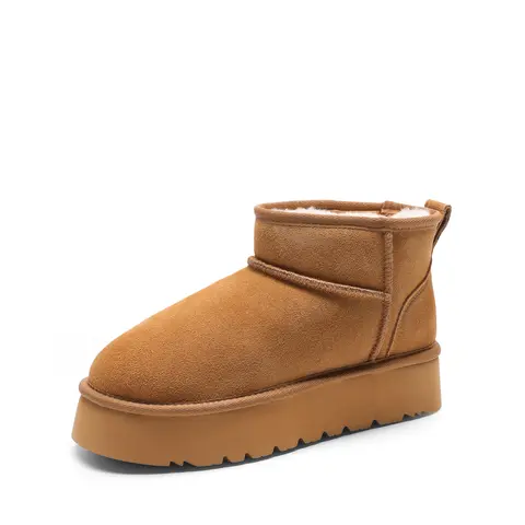 DREAM PAIRS Women's Chestnut Mini Ankle Snow Boots - 1.5in Platform, 3.81cm Low Heel, Genuine Suede, Water-Resistant Splash-Proof Finish, Fuzzy Lined Faux Fur, Antislip 17mm EVA Sole, Stable Lightweight, Memory Foam, Removable DIY Ribbon, Shoes for Women