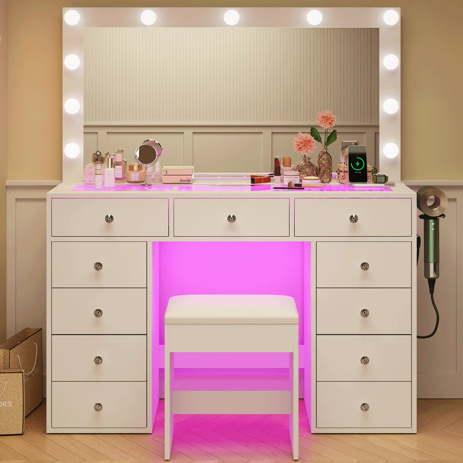 Vanity Desk with Illuminated Mirror & Power Outlet,Vanity with 11 Drawers and 12 LED Lights,Vanity Table with Chair,Set 3 Lighting Modes Brightness Adjustable