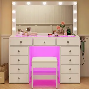 Vanity Desk with Illuminated Mirror & Power Outlet,Vanity with 11 Drawers and 12 LED Lights,Vanity Table with Chair,Set 3 Lighting Modes Brightness Adjustable