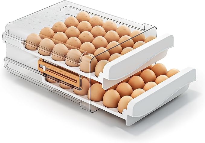 Egg Holder for Fridge 60 Count Large Capactity Egg Storage Container for Refrigerator, Clear Stackable Egg Organizer for Fridge, Coutertop Egg Trays Pull Out Drawer