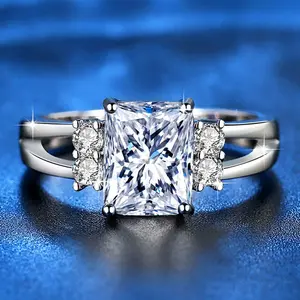 A stylish 925 sterling silver plated ring featuring a rectangular synthetic cubic zirconia in purple, black, and blue-silver hues. The hollow design includes side stones. A single-ring piece suitable for Valentine's Day, everyday parties, or any occasion.