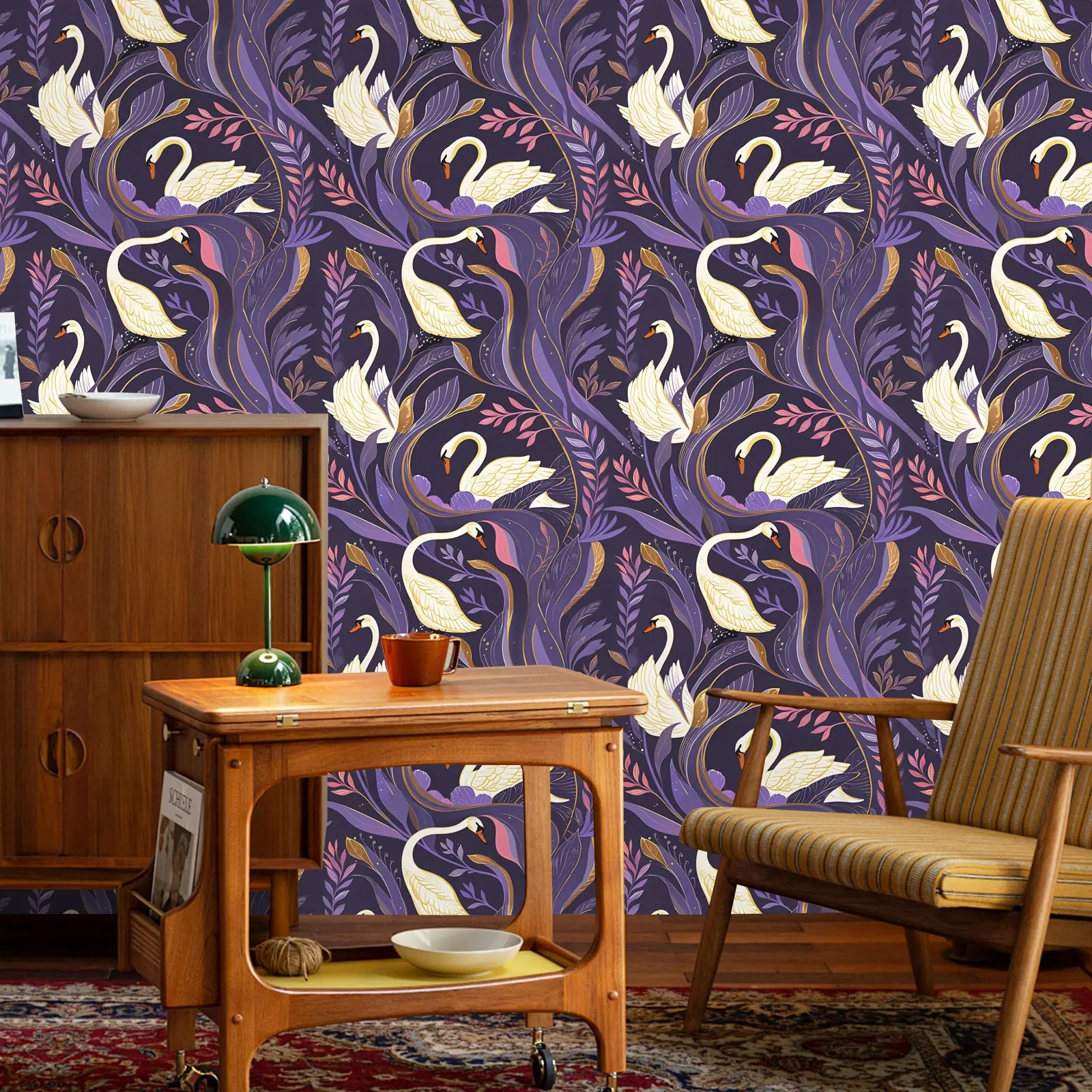 Purple Peel & Stick Self-Adhesive Wallpaper Roll, Swan Plant Pattern, Peel and Stick Wallpaper Designs, Waterproof Vinyl Material, Easy Removal No Residue, Home Decor, Renovation and decoration of living room and bedroom walls