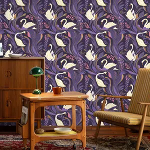 Purple Peel & Stick Self-Adhesive Wallpaper Roll, Swan Plant Pattern, Peel and Stick Wallpaper Designs, Waterproof Vinyl Material, Easy Removal No Residue, Home Decor, Renovation and decoration of living room and bedroom walls