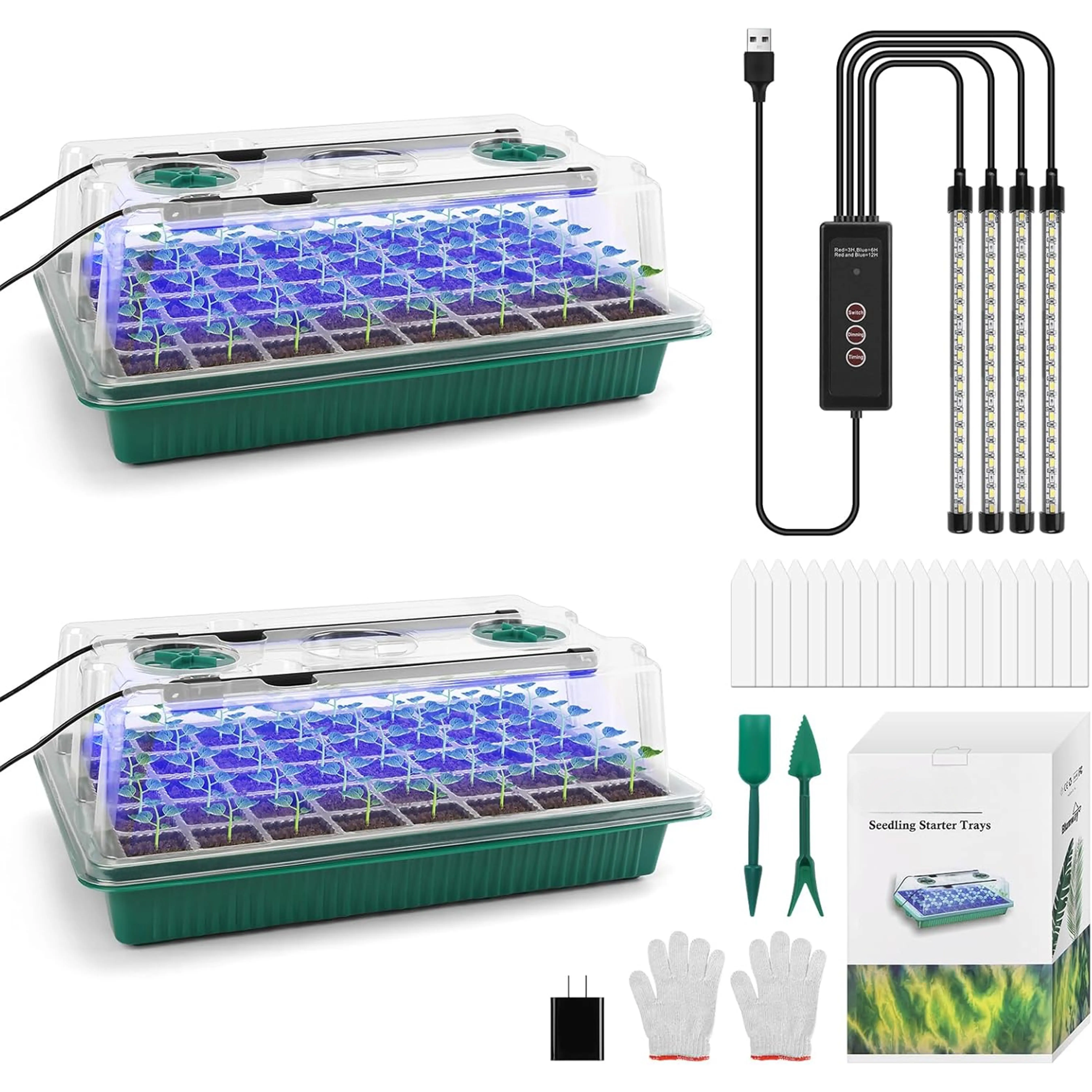 Seed Starter Tray with Grow Light,2 Pack 80 Cells Seedling Tray Kit with Humidity Dome/Indoor Plant Starter Kit, Adjustable Brightness Plant Germination Trays-Green
