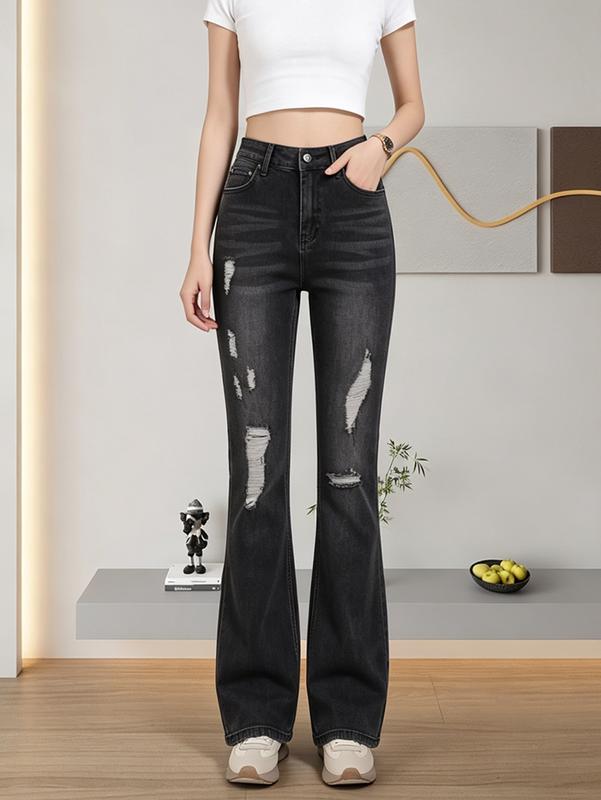 Women's High-Waist Flare Jean Pants - Dark Gray Stretch Denim with Distressed Rip Holes, Relaxed Fit Bell-Bottom Trousers, Y2K Vintage Streetwear Pocketed Everyday Fashion Piece