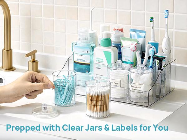Vtopmart 6 PCS Bathroom Countertop Organizer, 1 Divided Tray with 4 Qtip Holder Jars and 1 Drawers, Restroom Clear Organizers for Toothbrush, Cotton Pads, Vanity Accessories Storage Set, DealsForYouDays (Mid Year Sale Restock), Home Decor, DFYD