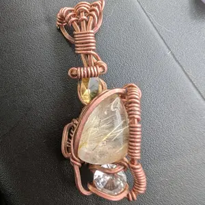 Copper Wire Wrap Pendant -   Gold Rutilated Quartz Cab  - Citrine and CZ accents - Handmade Jewelry - DWW2