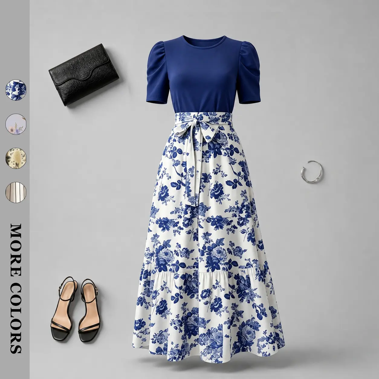 Puff Short Sleeve Round Neck Belted Floral Print Patchwork Maxi Dress Women Casual Ruffle Hem Long Dress