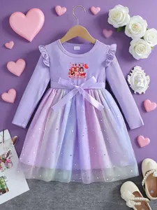 Girls Gradient Mesh Dress, Kpop Huntress Girl Pattern, Birthday Gift, Blue Ribbon Bow Waistband, Princess Long Sleeve Dress, Cute Dress