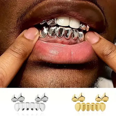 Unisex Smooth Finish Gold-Silver Artificial Gemstone Grillz Set - Full Upper+Lower Teeth Dental Accessory, Complete Iced-Out Look, Hip-Hop & Urban Fashion, Festivals, Ideal Gift for Friends