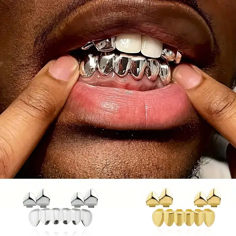 Unisex Smooth Finish Gold-Silver Artificial Gemstone Grillz Set - Full Upper+Lower Teeth Dental Accessory, Complete Iced-Out Look, Hip-Hop & Urban Fashion, Festivals, Ideal Gift for Friends