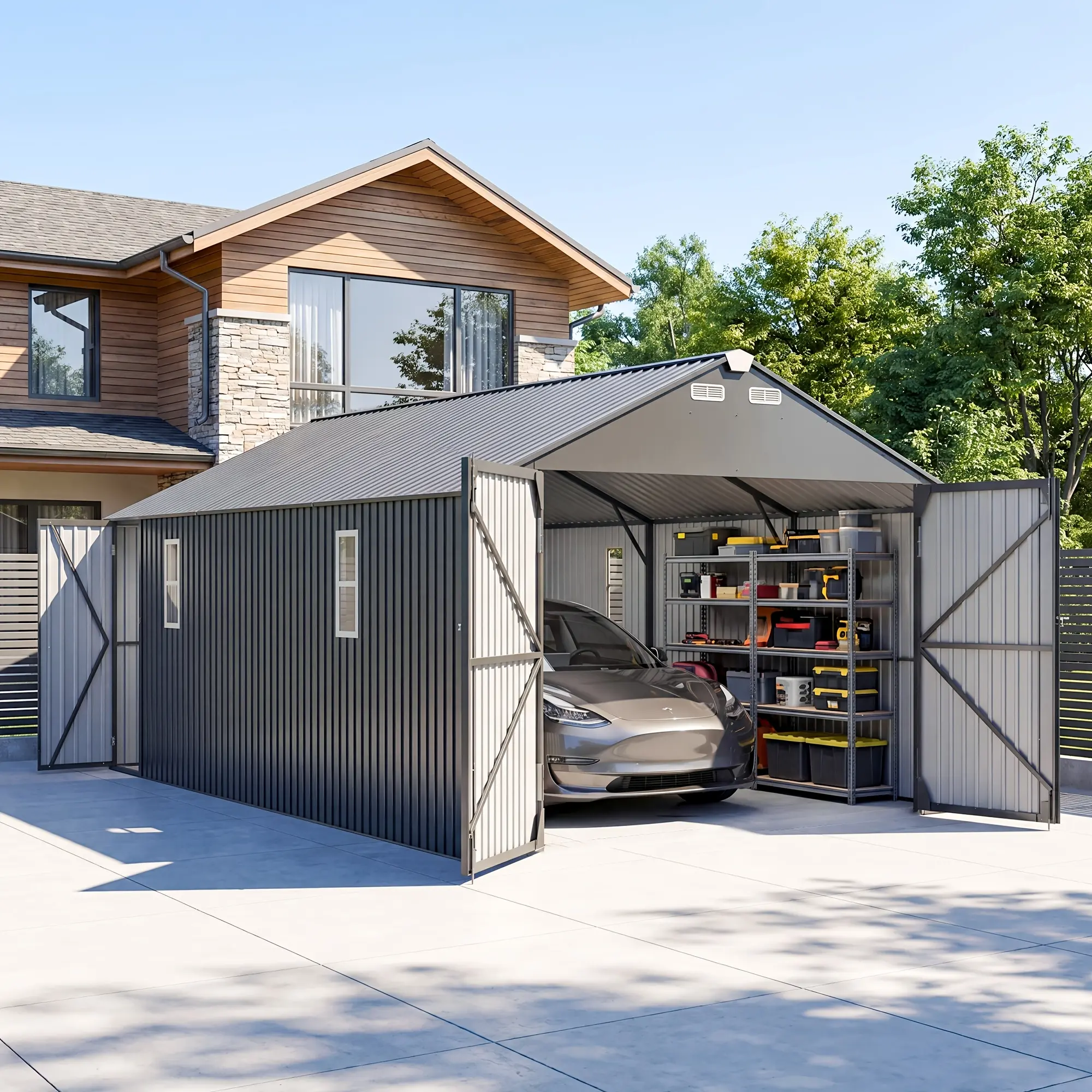 12x20x9ft Extra Large Metal Carport Built-in Light, Heavy Duty Outdoor Storage Shed with Double Doors, Side Walk-in Design, Windows And Vents for Car, Boat, Grey