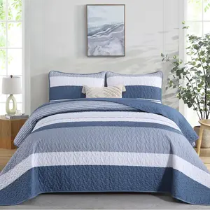 King Size Set Mineral Blue, 3 Pieces Boho Patchwork Striped Quilted Bedding Sets Soft Lightweight Bedspreads & Coverlets Set, for All 110"x90"