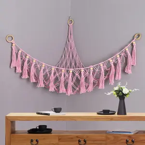 Handwoven Cotton Rope Toy Hammock Triangle Hanging Plush Animal Storage Net Bag Children's Room Bedroom Wall Decoration Pocket Large Capacity Storage Box for Plush Toys Pillows Bohemian Tassel Hanger